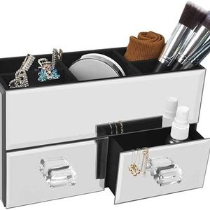 Meetart Home Deluxe Silver Mirror Box Organizer for Makeup and Jewelry 2 Drawer